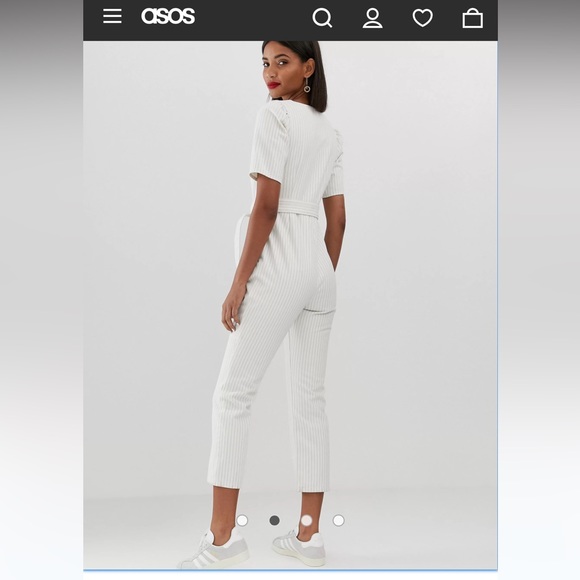 ✨MAKE OFFER✨ASOS DESIGN denim sweetheart neck puff sleeve jumpsuit beige & white - Picture 5 of 12